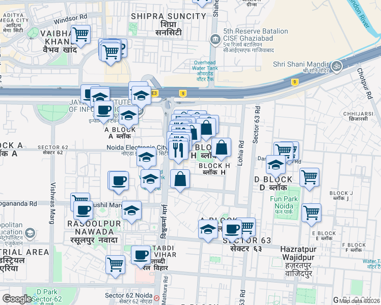 map of restaurants, bars, coffee shops, grocery stores, and more near in Noida
