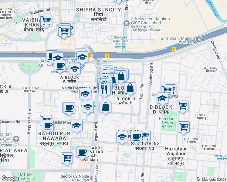 map of restaurants, bars, coffee shops, grocery stores, and more near in Noida