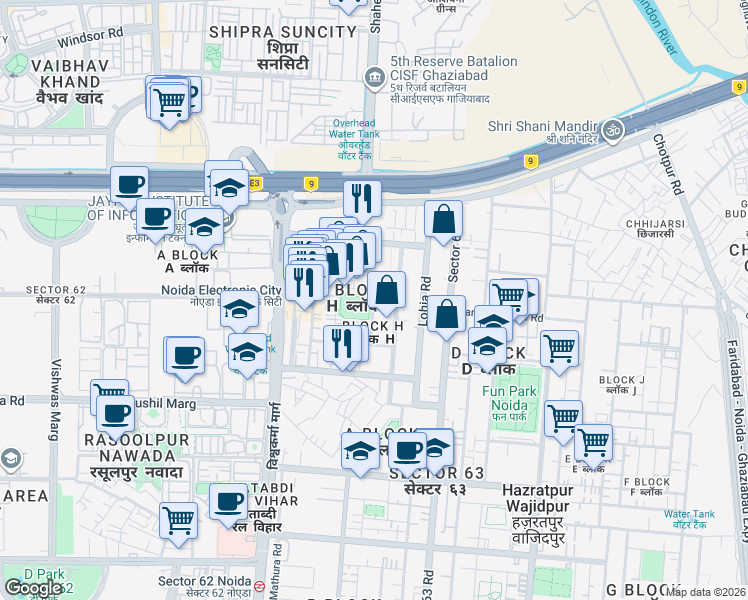 map of restaurants, bars, coffee shops, grocery stores, and more near in Noida