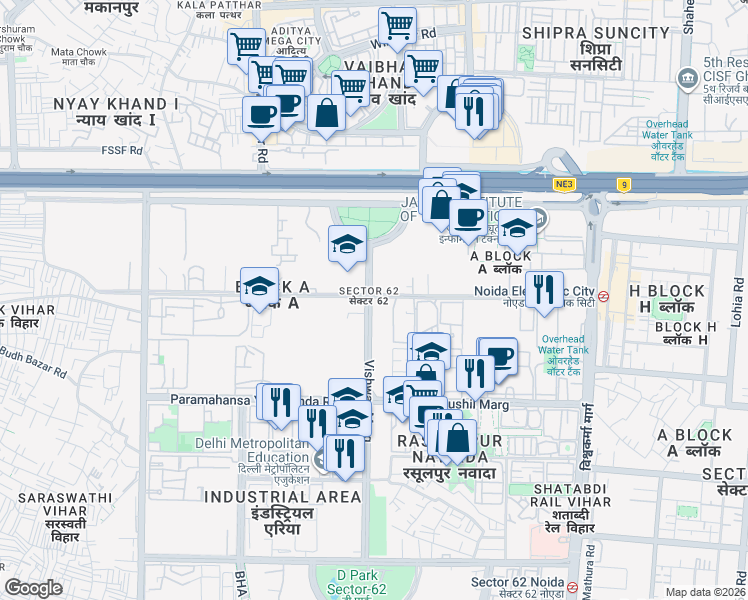 map of restaurants, bars, coffee shops, grocery stores, and more near in Noida