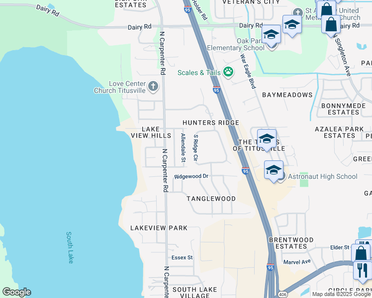 map of restaurants, bars, coffee shops, grocery stores, and more near 900 Allendale Street in Titusville