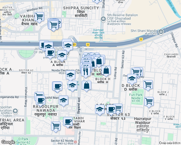 map of restaurants, bars, coffee shops, grocery stores, and more near in Noida