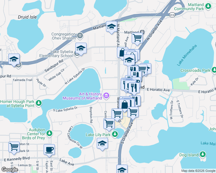 map of restaurants, bars, coffee shops, grocery stores, and more near 110 North Lake Sybelia Drive in Maitland