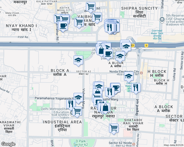 map of restaurants, bars, coffee shops, grocery stores, and more near Rani Ramgarh Road in Noida