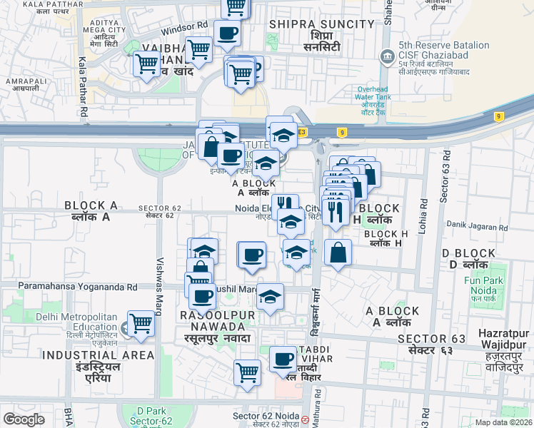 map of restaurants, bars, coffee shops, grocery stores, and more near in Noida