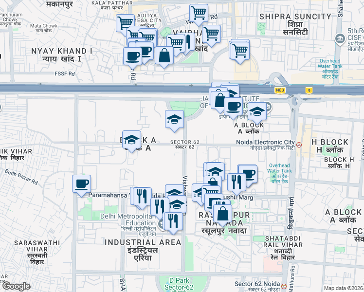 map of restaurants, bars, coffee shops, grocery stores, and more near in Noida