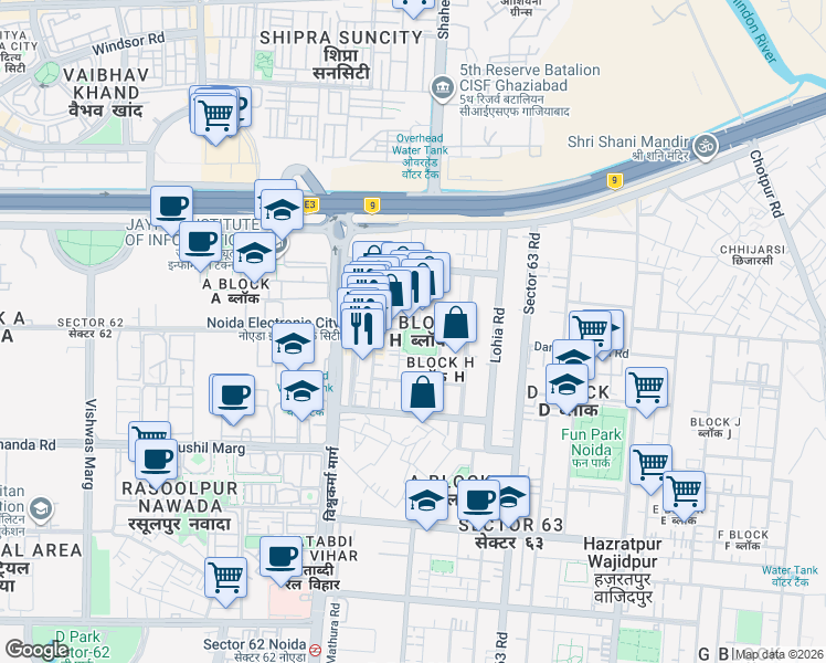 map of restaurants, bars, coffee shops, grocery stores, and more near Unnamed Road in Noida