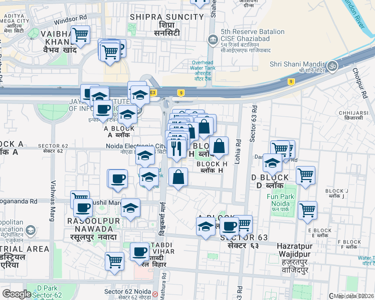 map of restaurants, bars, coffee shops, grocery stores, and more near in Noida