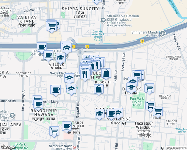 map of restaurants, bars, coffee shops, grocery stores, and more near Unnamed Road in Noida