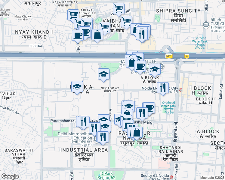 map of restaurants, bars, coffee shops, grocery stores, and more near in Noida