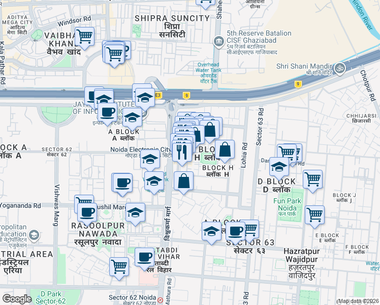 map of restaurants, bars, coffee shops, grocery stores, and more near in Noida