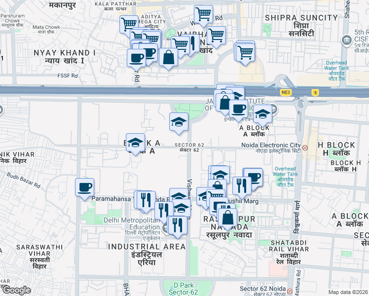 map of restaurants, bars, coffee shops, grocery stores, and more near in Noida