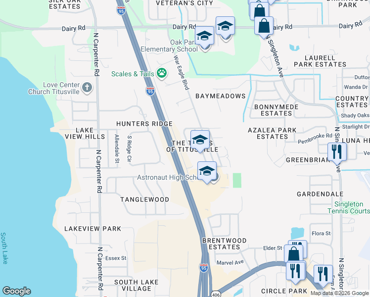 map of restaurants, bars, coffee shops, grocery stores, and more near 1584 Fuji Drive in Titusville