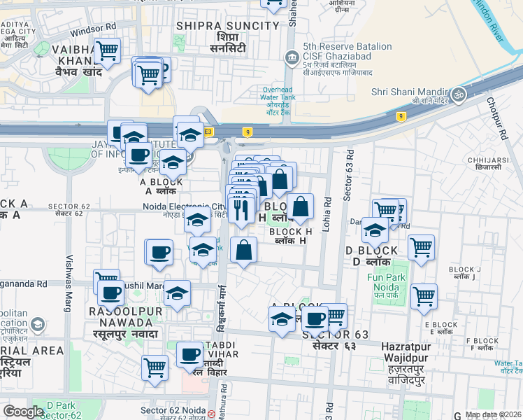 map of restaurants, bars, coffee shops, grocery stores, and more near in Noida