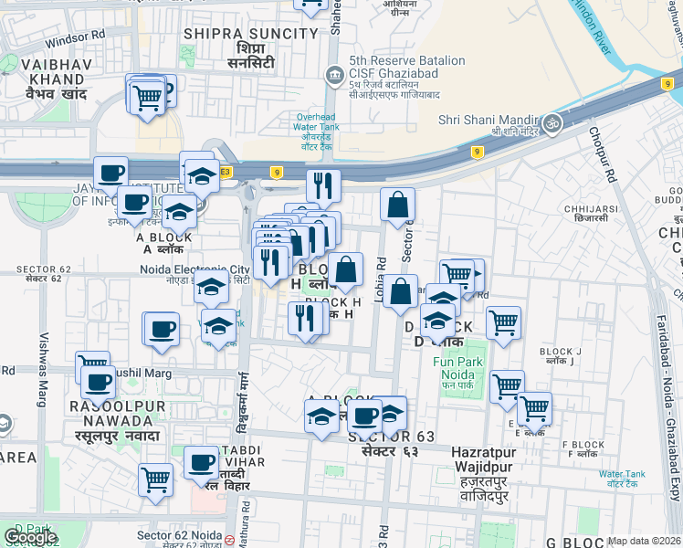 map of restaurants, bars, coffee shops, grocery stores, and more near in Noida