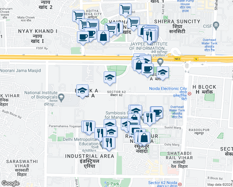 map of restaurants, bars, coffee shops, grocery stores, and more near in Noida