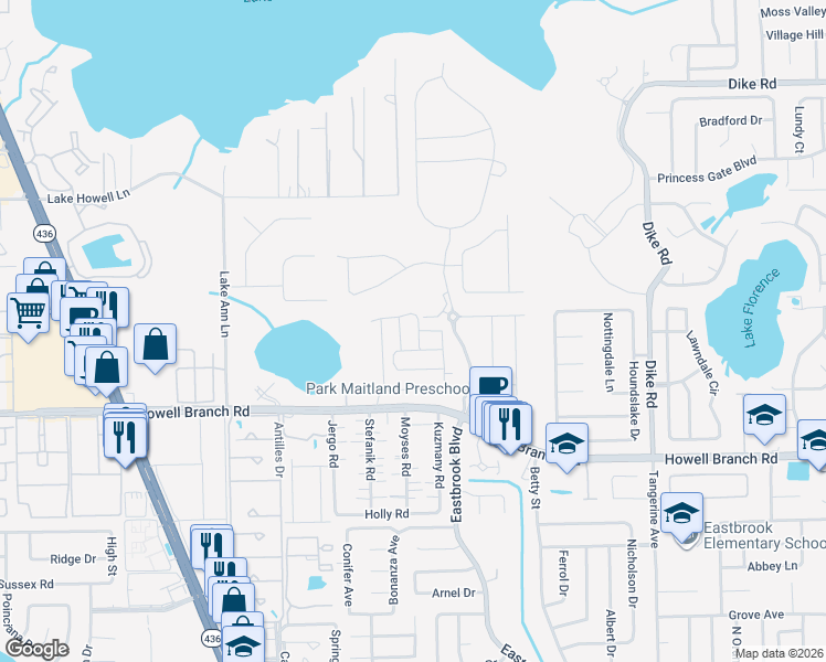 map of restaurants, bars, coffee shops, grocery stores, and more near 1518 Broad Wing Lane in Winter Park