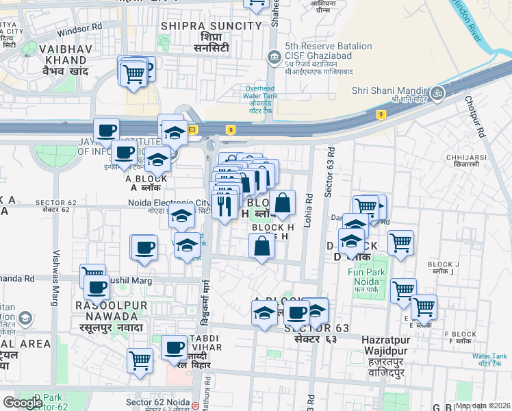 map of restaurants, bars, coffee shops, grocery stores, and more near Unnamed Road in Noida