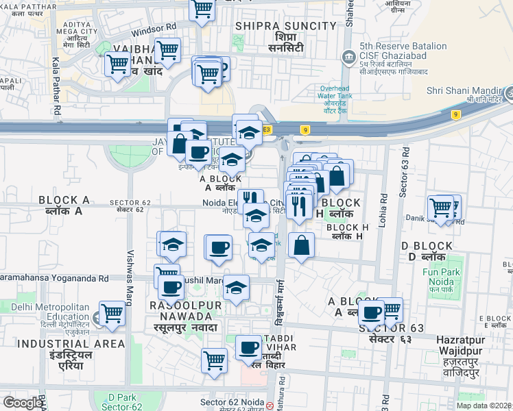 map of restaurants, bars, coffee shops, grocery stores, and more near in Noida