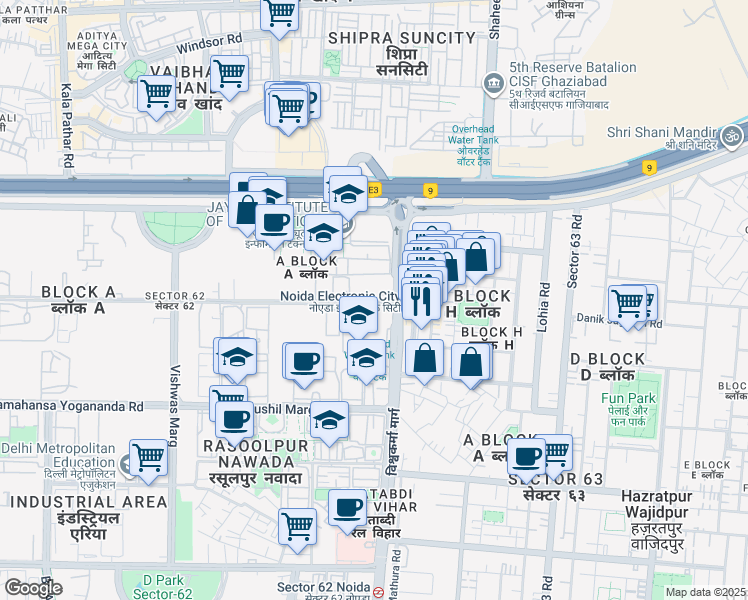 map of restaurants, bars, coffee shops, grocery stores, and more near in Noida
