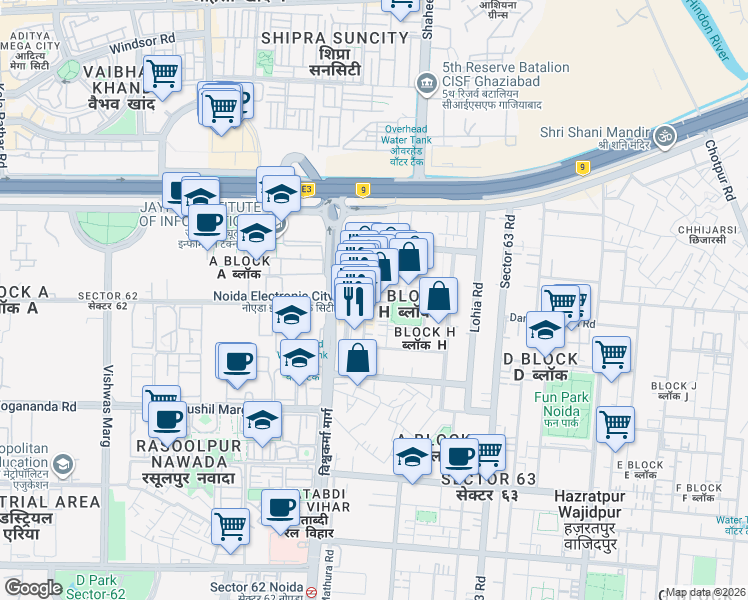 map of restaurants, bars, coffee shops, grocery stores, and more near in Noida