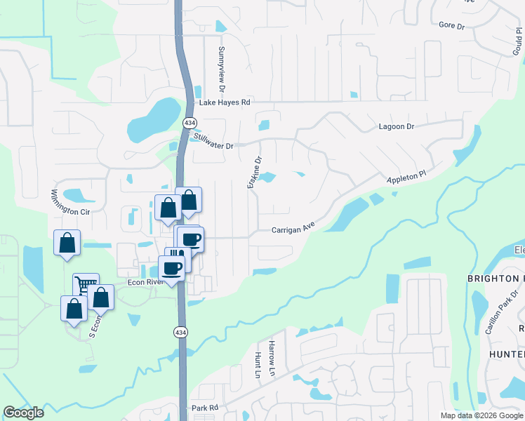 map of restaurants, bars, coffee shops, grocery stores, and more near 3083 Erskine Drive in Oviedo