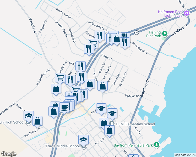 map of restaurants, bars, coffee shops, grocery stores, and more near 101 Crockett Street in Port Lavaca