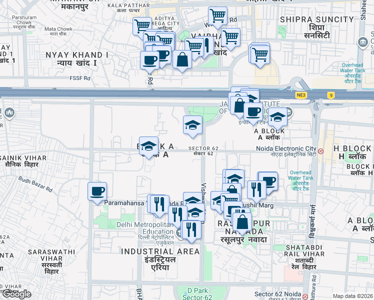map of restaurants, bars, coffee shops, grocery stores, and more near Rani Ramgarh Road in Noida