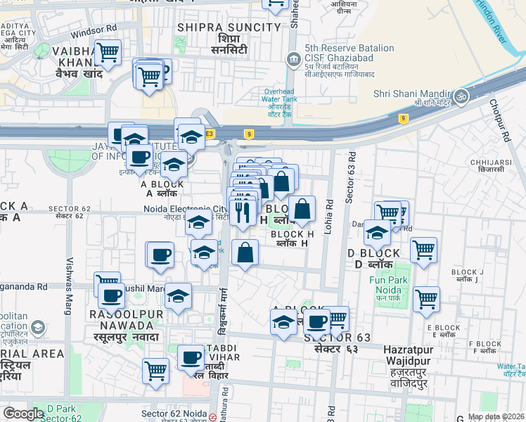 map of restaurants, bars, coffee shops, grocery stores, and more near in Noida