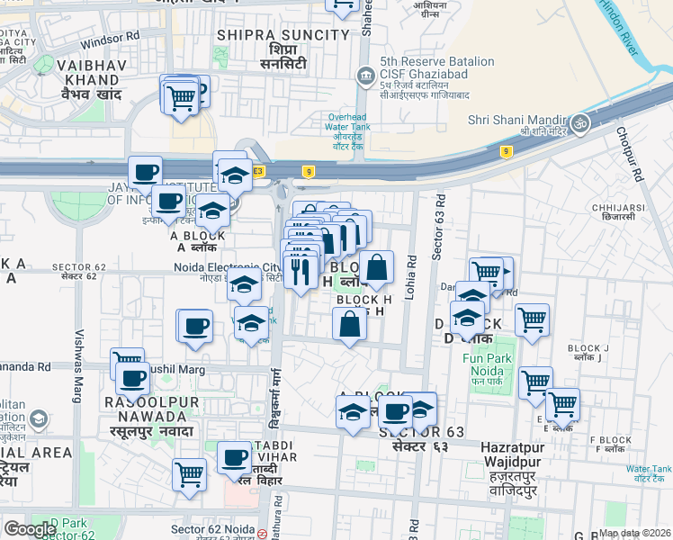 map of restaurants, bars, coffee shops, grocery stores, and more near Unnamed Road in Noida
