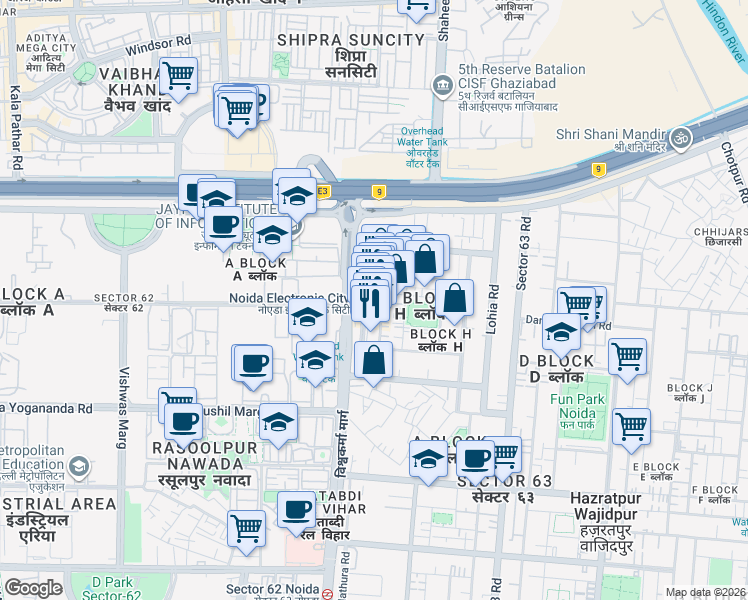 map of restaurants, bars, coffee shops, grocery stores, and more near in Noida