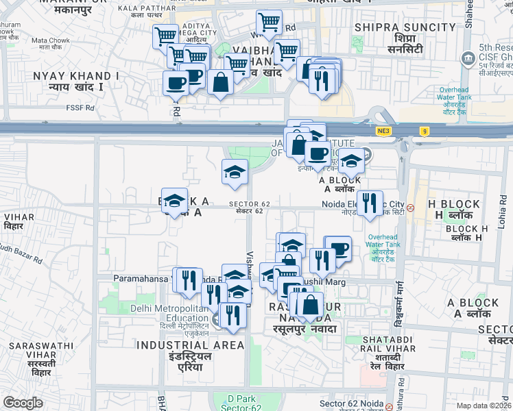map of restaurants, bars, coffee shops, grocery stores, and more near in Noida