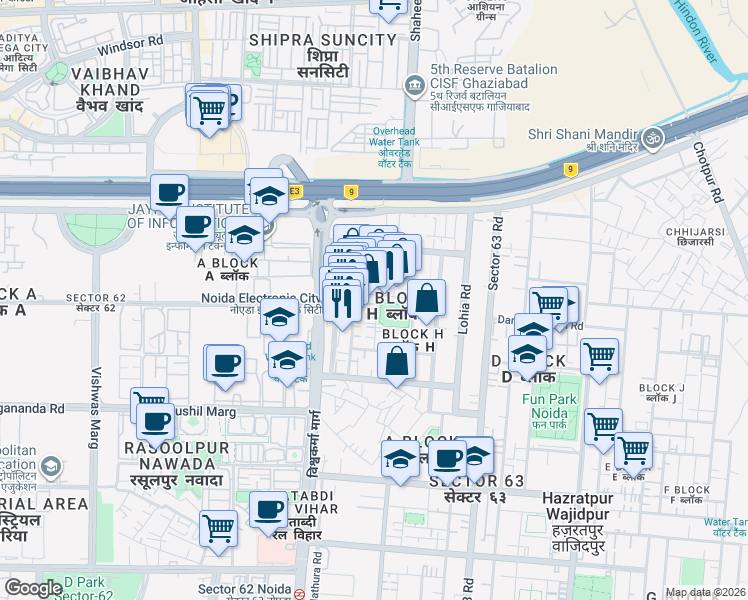 map of restaurants, bars, coffee shops, grocery stores, and more near Unnamed Road in Noida