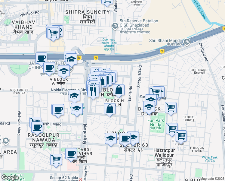 map of restaurants, bars, coffee shops, grocery stores, and more near Unnamed Road in Noida