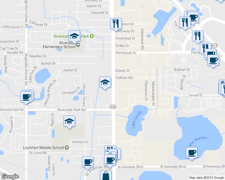 map of restaurants, bars, coffee shops, grocery stores, and more near 7856 Forest City Road in Orlando
