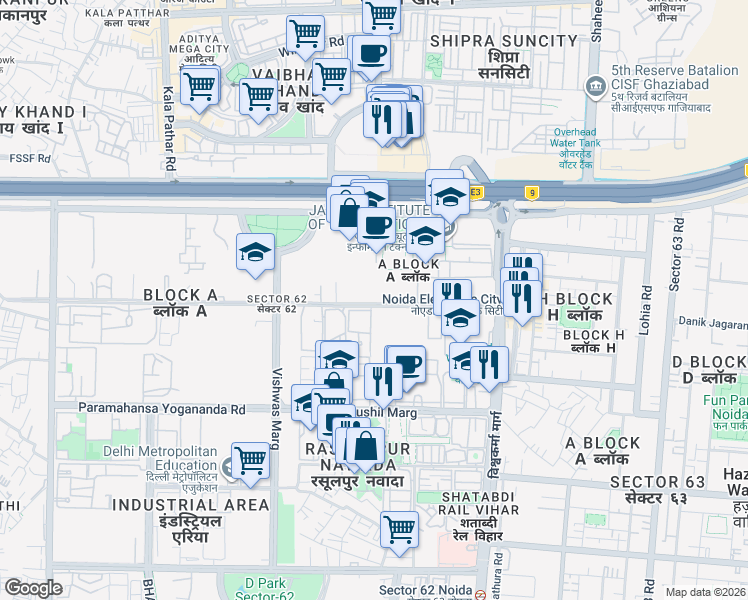 map of restaurants, bars, coffee shops, grocery stores, and more near National Highway 24 in New Okhla Industrial Development Area