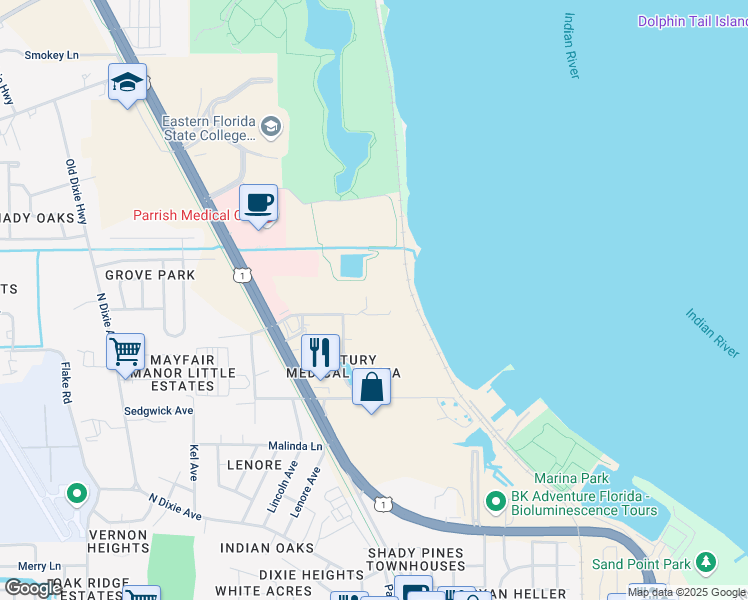 map of restaurants, bars, coffee shops, grocery stores, and more near 1550 Jess Parrish Court in Titusville