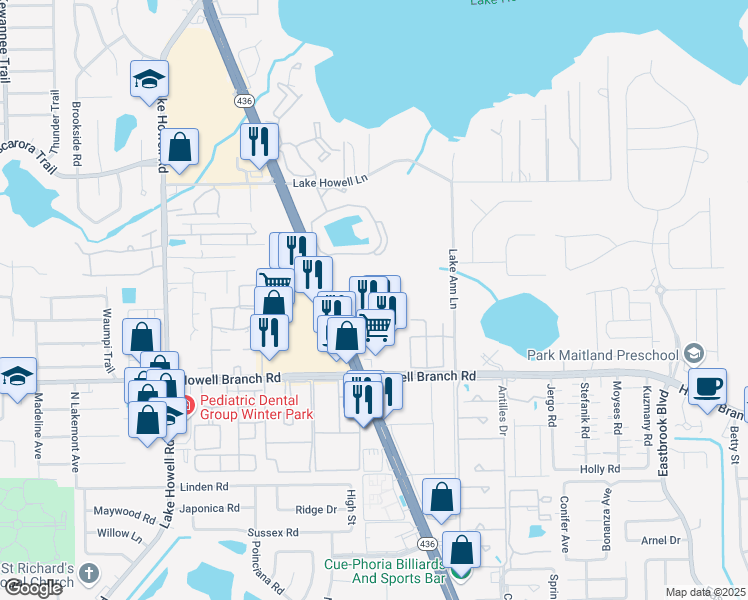 map of restaurants, bars, coffee shops, grocery stores, and more near 1476 Ash Circle in Casselberry