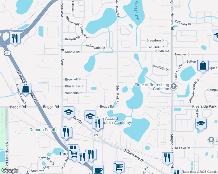 map of restaurants, bars, coffee shops, grocery stores, and more near 4828 Birchmont Place in Orlando