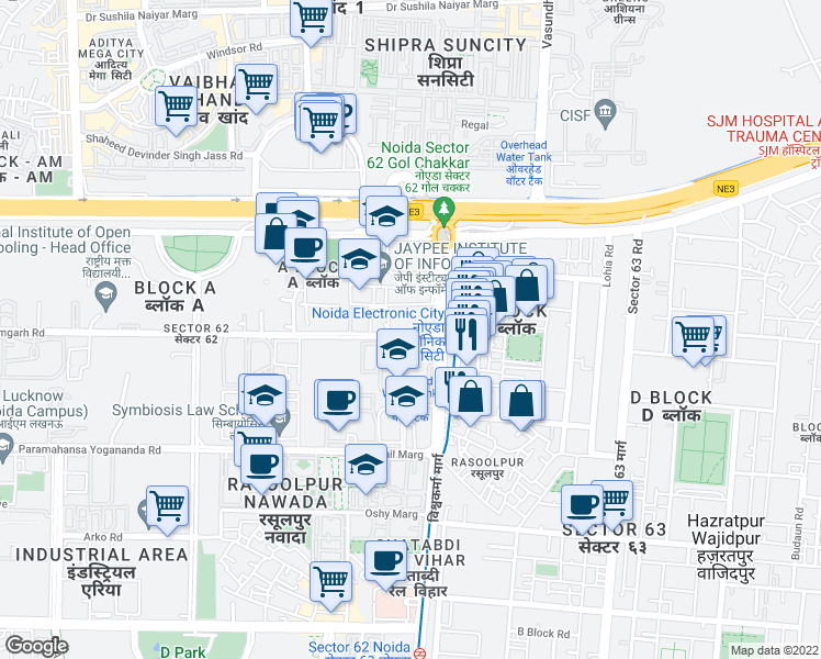 map of restaurants, bars, coffee shops, grocery stores, and more near in Noida
