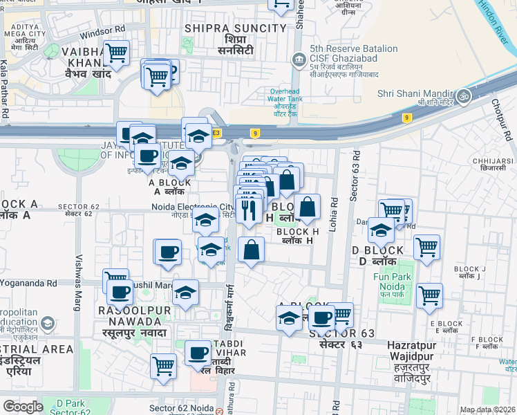 map of restaurants, bars, coffee shops, grocery stores, and more near in Noida