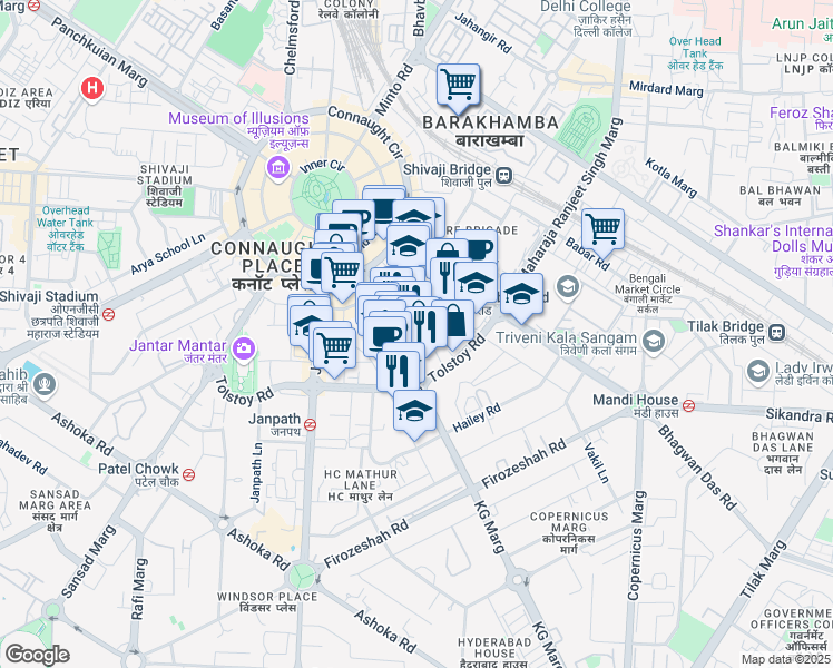 map of restaurants, bars, coffee shops, grocery stores, and more near Kasturba Gandhi Marg in Delhi