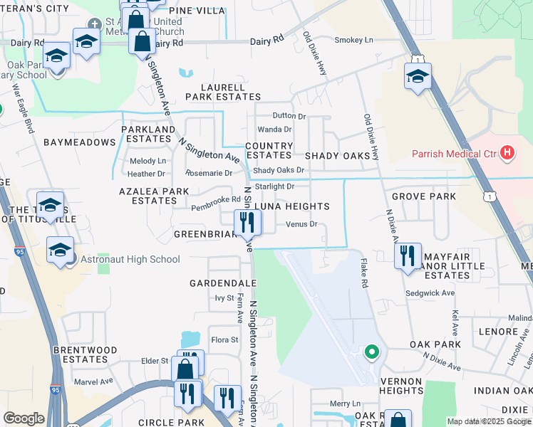 map of restaurants, bars, coffee shops, grocery stores, and more near 2795 Venus Drive in Titusville