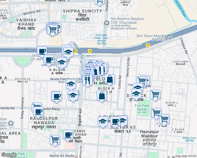 map of restaurants, bars, coffee shops, grocery stores, and more near Unnamed Road in Noida