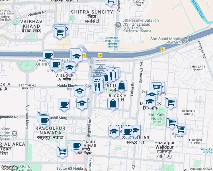 map of restaurants, bars, coffee shops, grocery stores, and more near in Noida