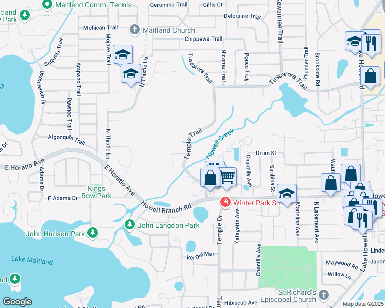 map of restaurants, bars, coffee shops, grocery stores, and more near 2917 Temple Trail in Winter Park