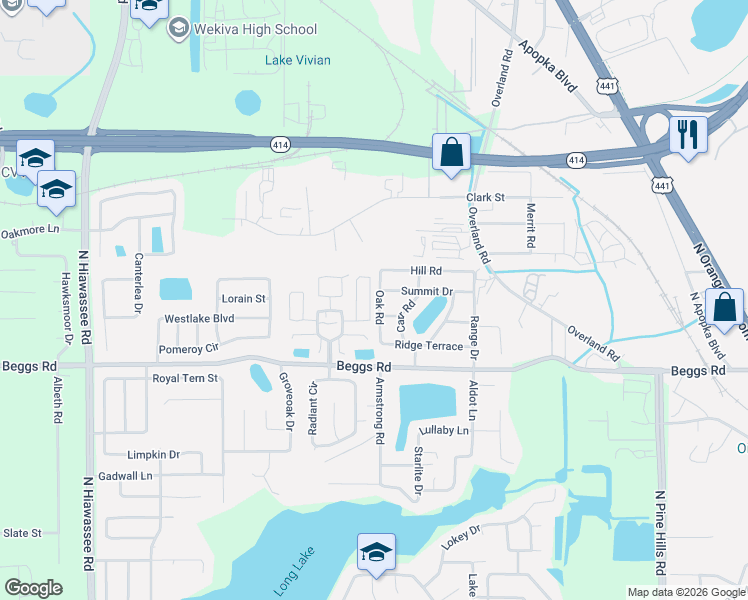 map of restaurants, bars, coffee shops, grocery stores, and more near 6435 Crestview Road in Orlando