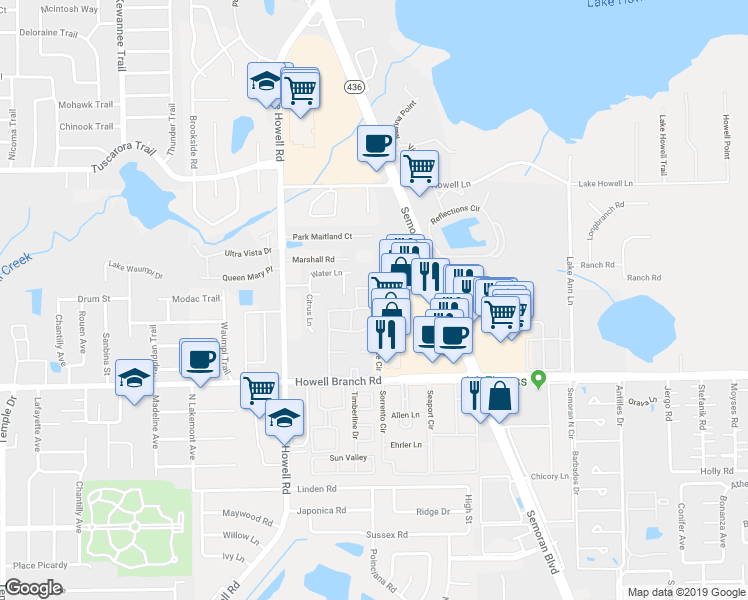 map of restaurants, bars, coffee shops, grocery stores, and more near 1455 Semoran Boulevard in Eatonville