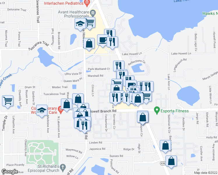 map of restaurants, bars, coffee shops, grocery stores, and more near 559 Flemming Way in Maitland