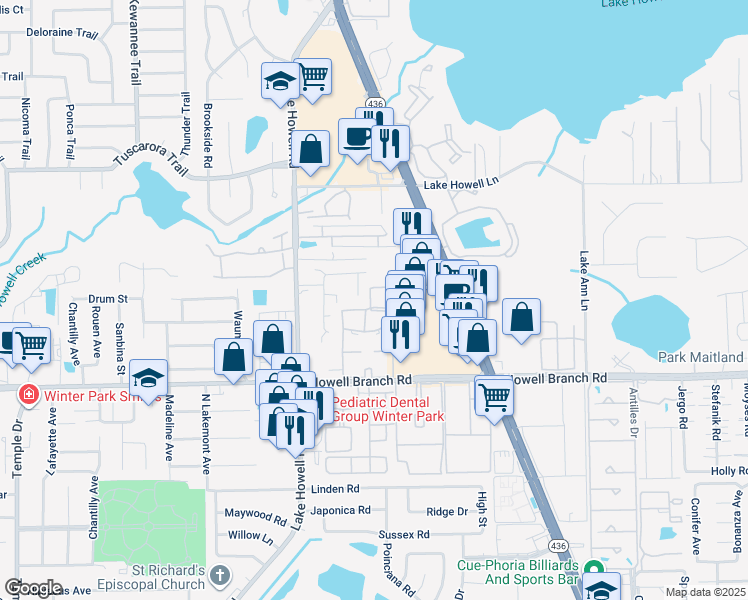 map of restaurants, bars, coffee shops, grocery stores, and more near 559 Flemming Way in Maitland